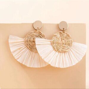 NEW Oversized Rattan Circle Drop with Fringe Earrings Boho Coastal Lightweight